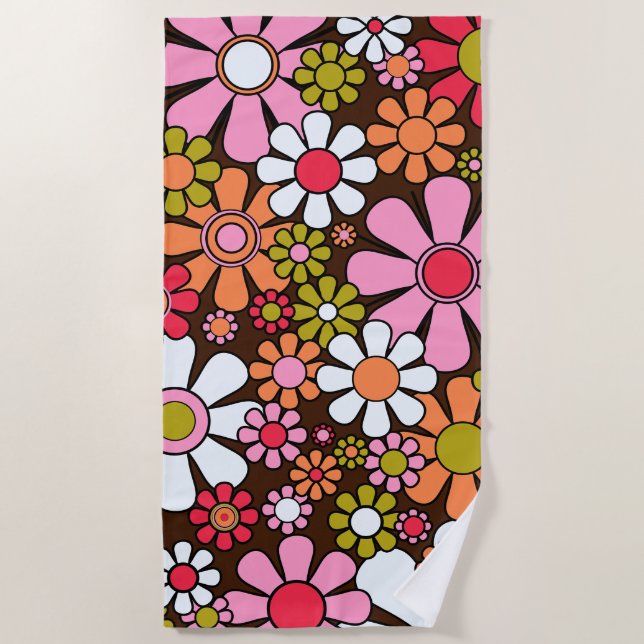 Retro Garden Blume Groovy 60er 70er Floral Pattern Strandtuch (Vorderseite)