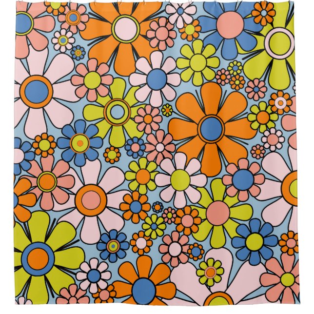 Retro Garden Blume Groovy 60er 70er Spring Floral Duschvorhang (Vorderseite)