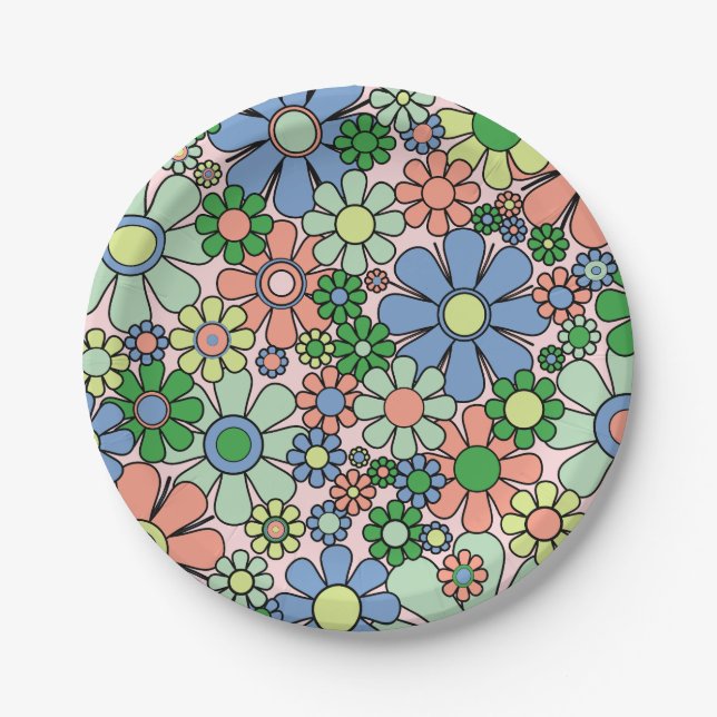 Retro Garden Blume Groovy 60er 70er Spring Floral Pappteller (Vorderseite)