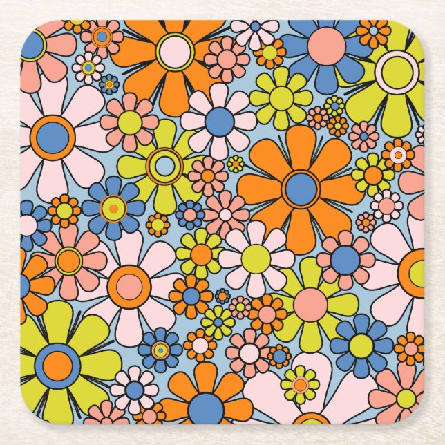Retro Garden Blume Groovy 60er 70er Spring Floral Rechteckiger Pappuntersetzer (Vorderseite)