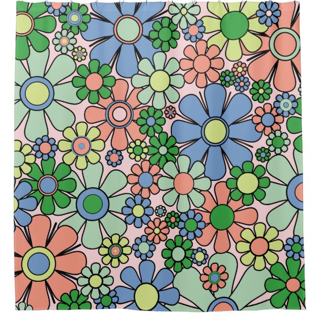 Retro Garden Blume Groovy 60er 70er Spring Pastel Duschvorhang (Vorderseite)