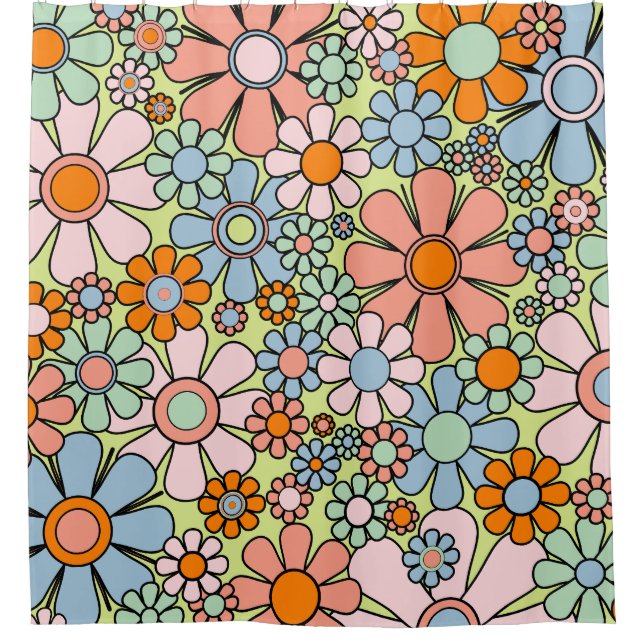 Retro Garden Blume Groovy 60er 70er Spring Pastel Duschvorhang (Vorderseite)