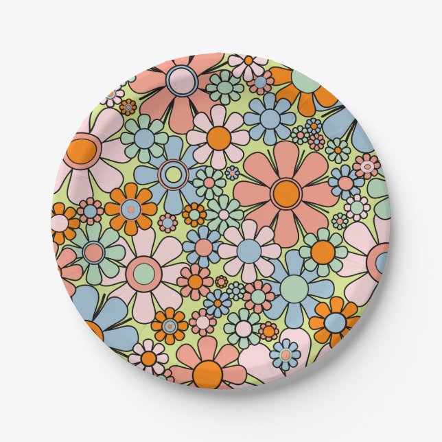 Retro Garden Blume Groovy 60er 70er Spring Pastel Pappteller (Vorderseite)