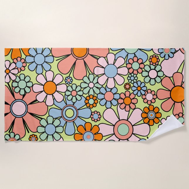 Retro Garden Blume Groovy 60er 70er Spring Pastel Strandtuch (Vorderseite)