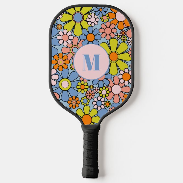 Retro Garden Blume Groovy 60er Floral Initial Pickleball Schläger (Rückseite)