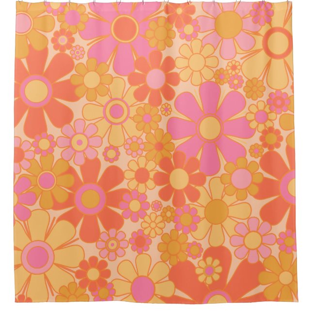 Retro Garden Blume Groovy Floral Pink Gelb Duschvorhang (Vorderseite)