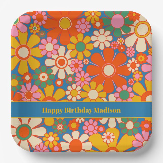 Retro Garden farbenfroher 60er 70er Floral Pattern Pappteller (Vorderseite)