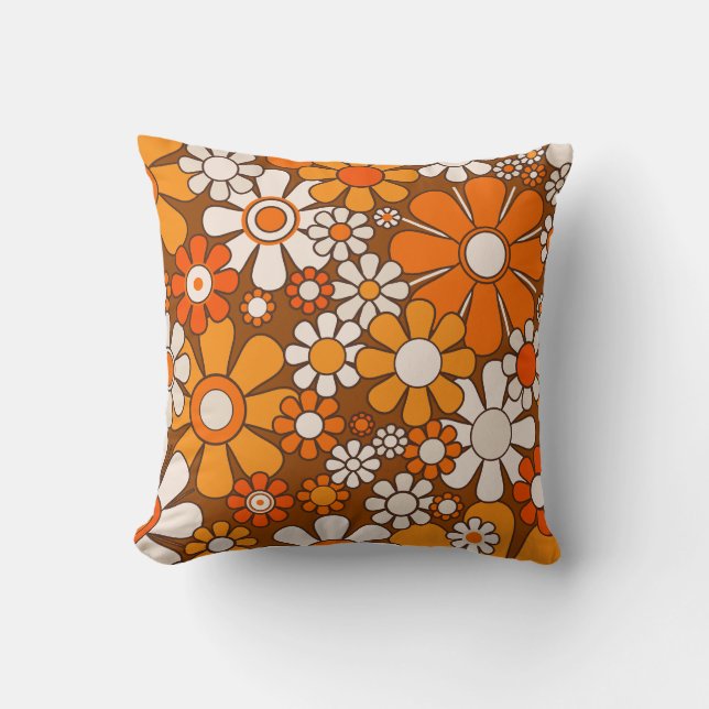 Retro Garden Floral 60er 70er Pattern Brown & Oran Kissen (Vorderseite)