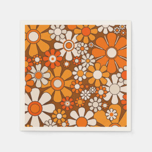 Retro Garden Floral 60er 70er Pattern Brown & Oran Serviette