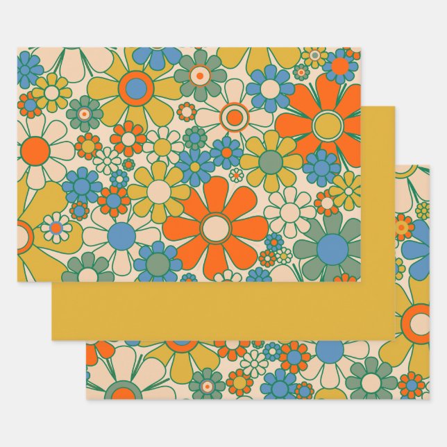 Retro Garden Floral 60er 70er Pattern Geschenkpapier Set (Set)
