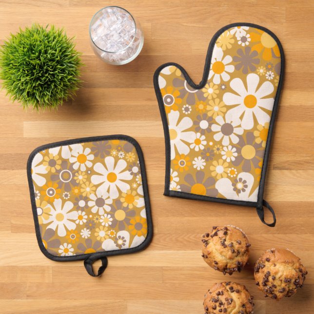 Retro Garden Floral 60er 70er Pattern Ofenhandschuh & Topflappen-Set (Oben Unten)
