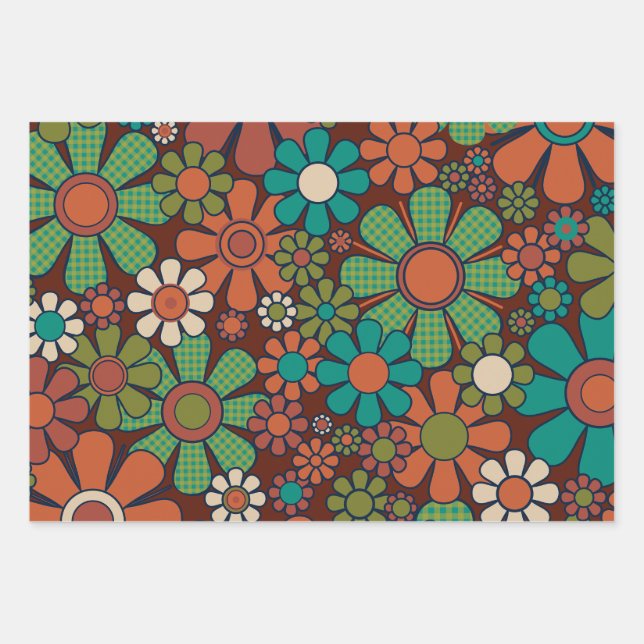 Retro Garden Gingham Blume 60er 70er Floral Geschenkpapier Set (Vorderseite)