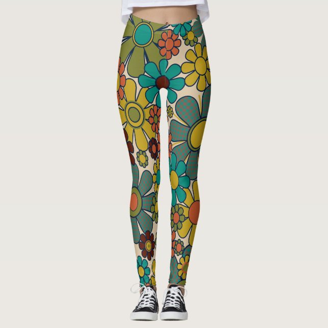 Retro Garden Gingham Blume 70er Floral Pattern Leggings (Vorderseite)