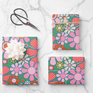 Retro Garden Gingham Blume Vintag Maximalist Geschenkpapier Set