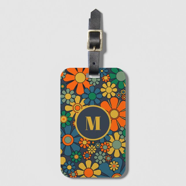 Retro Garden Groovy Floral 60er 70er Muster Initia Gepäckanhänger (Vorderseite Vertikal)