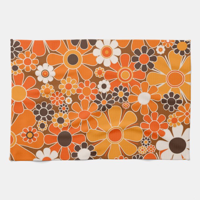Retro Garden Groovy Floral 60er 70er Orange Patter Geschirrtuch (Horizontal)