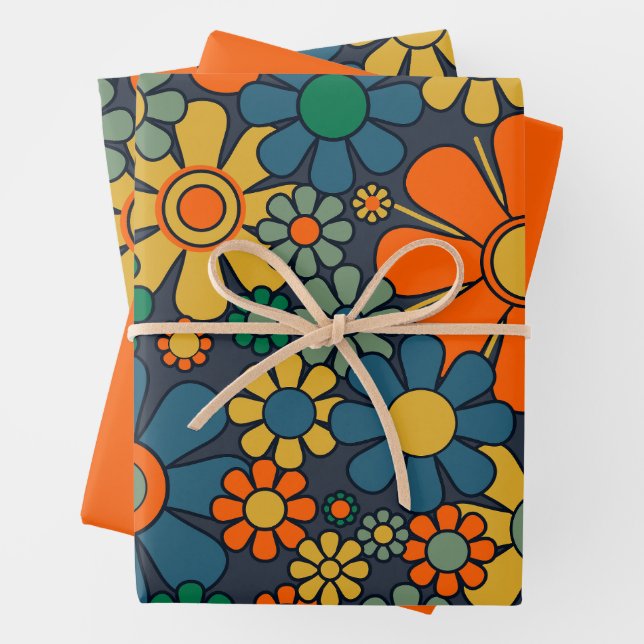 Retro Garden Groovy Floral 60er 70er Pattern Geschenkpapier Set (Beispiel)