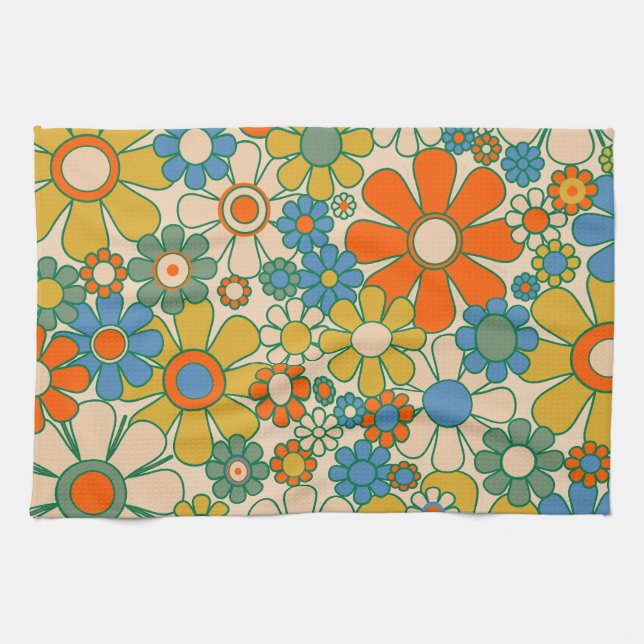 Retro Garden Groovy Floral 60er 70er Pattern Geschirrtuch (Horizontal)