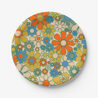 Retro Garden Groovy Floral 60er 70er Pattern Pappteller