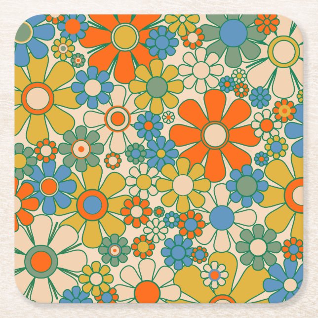 Retro Garden Groovy Floral 60er 70er Pattern Rechteckiger Pappuntersetzer (Vorderseite)