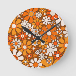 Retro-Garten-Blumenmuster 60er 70er Jahre Braun & Runde Wanduhr