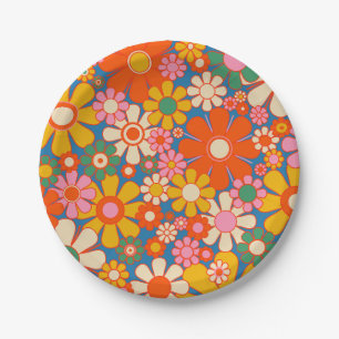 Retro-Garten Bunt 60er 70er Blumenmuster  Pappteller