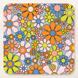 Retro-Gartenblumen Groovy 60er 70er Frühlingsblume Rechteckiger Pappuntersetzer