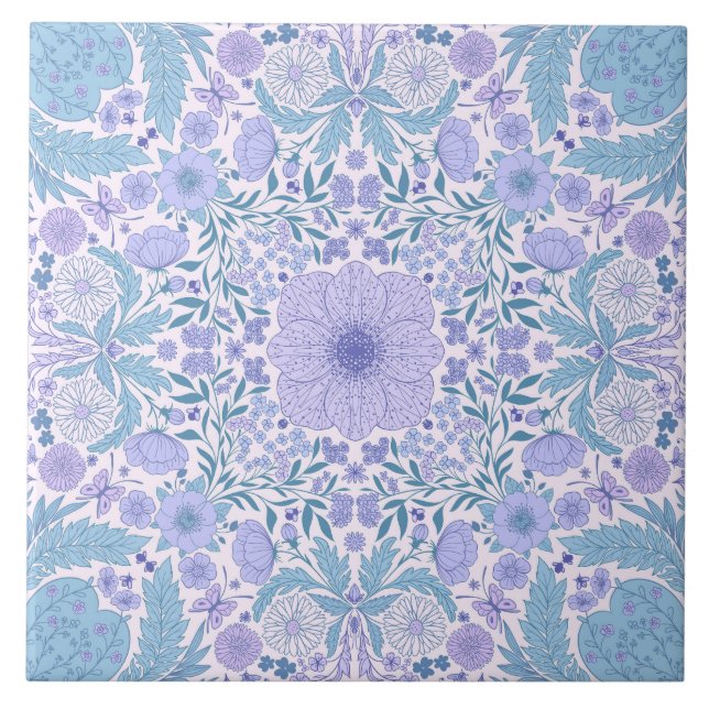 Retro Gartenfloralen in Blau und Violett Fliese (Vorderseite)