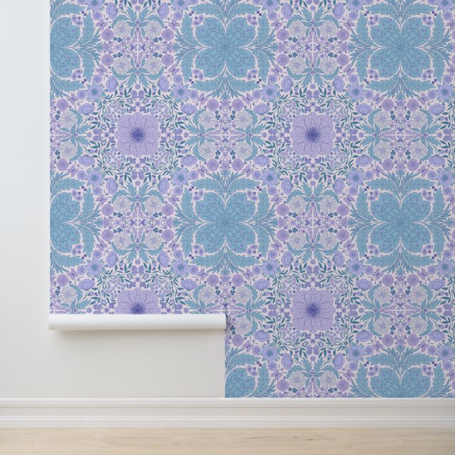 Retro Gartenfloralen in Blau und Violett Tapete (Anwendung)