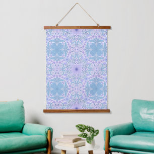 Retro Gartenfloralen in Blau und Violett Wandteppich Mit Holzrahmen