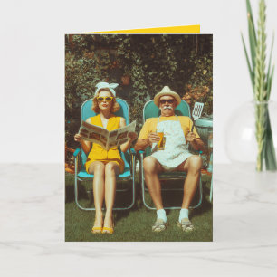 Retro-Gartengrill-Szene mit stilvollem Paar Karte