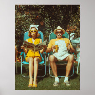 Retro-Gartengrill-Szene mit stilvollem Paar Poster