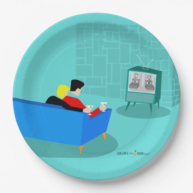 Retro Gay Couple Watching TV Paper Plate Pappteller (Vorderseite)