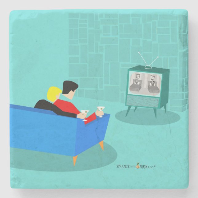 Retro Gay Couple Watching TV Stone Untersetzer (Vorderseite)