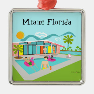 Retro Gay Pink Flamingo Pool Party Miami Ornament Aus Metall