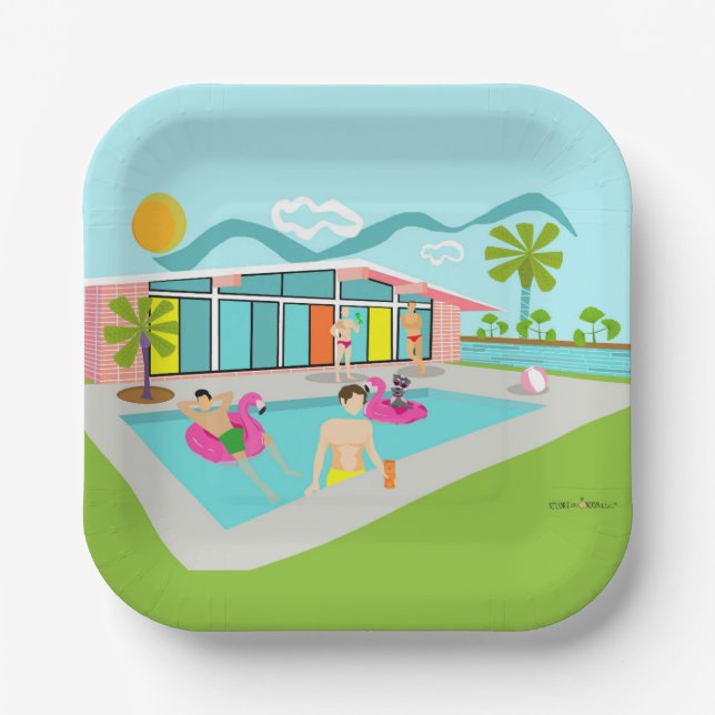 Retro Gay Pink Flamingo Pool Party Pappteller (Vorderseite)