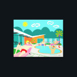Retro Gay Pool Party überzogene Canvas Print Leinwanddruck<br><div class="desc">Dieses Retro Gay Pool Party Wrapped Canvas verfügt über vier grobkörnige Kuchen, die eine homosexuelle Zeit haben, während sie die Hitze der Palm Springs besiegen, indem sie sich um das türkisblaue Wasser ihres atomar geboomerang geformten Schwimmbeckens. Die moderne Bauweise des herrlichen orangefarbenen Steinhauses ist angesichts der Aussicht auf die Berge...</div>