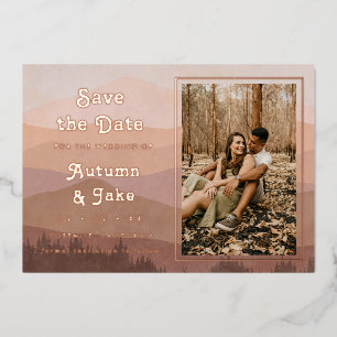 Retro-Gebirgs-Foto-Hochzeit-Sparen-Sie-das-Datum Folieneinladung