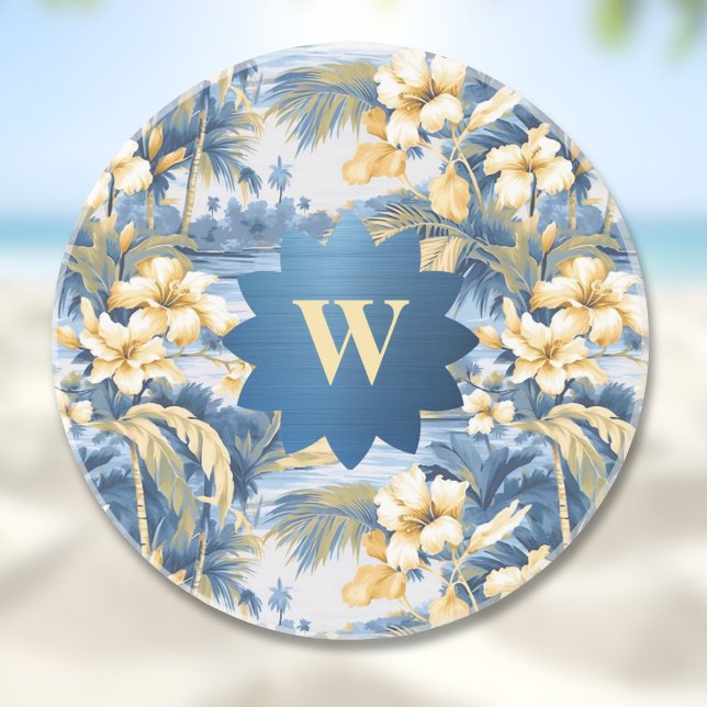 Retro Gelb Blau Blumen Tropical Palmen Initiale Getränkeuntersetzer (Von Creator hochgeladen)