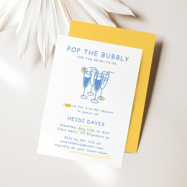 Retro-Gelb & Blau-Pop Das knackige Brautparty Einladung (Retro Yellow & Blue Pop The Bubbly Bridal Shower Invitation)