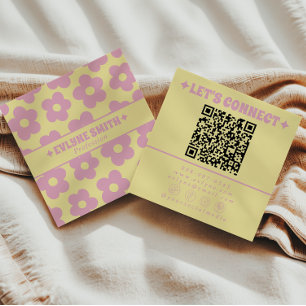 Retro Gelb Pink QR Code Groovy Floral Girly Boho Quadratische Visitenkarte