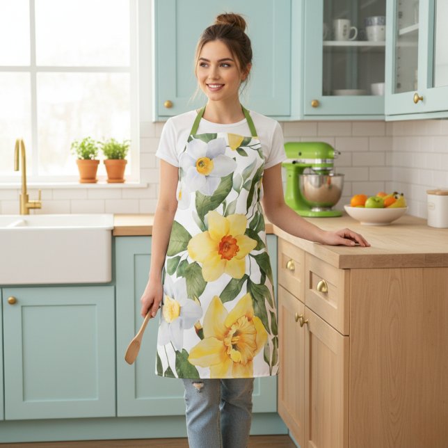 Retro Gelb und Weiß, floralfarbene Farbe Schürze (Retro Yellow and White Daffodil Floral Print Apron)