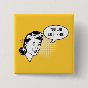 Retro Gelb-und weißerblinzelnder Frauen-Spaß-Kno Button