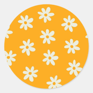Retro Gelb Weiße Blumige Einfache Blumenmuster Runder Aufkleber