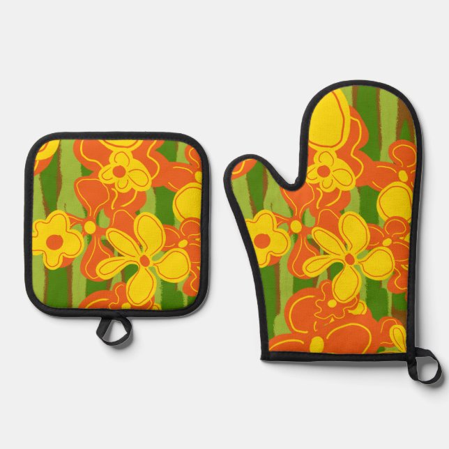 Retro-Gelbe Blumen aus den 70er Jahren Ofenhandschuh & Topflappen-Set (Vorderseite)