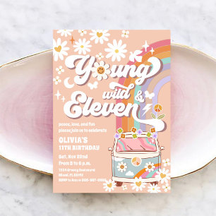 Retro-Gelbe-Daisy-Regenbogen-Kleinbus-Geburtstagse Einladung