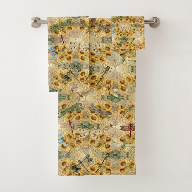  Retro-Gelbe Sonnenblume Multicfarbene Libellen Badhandtuch Set (Insitu)