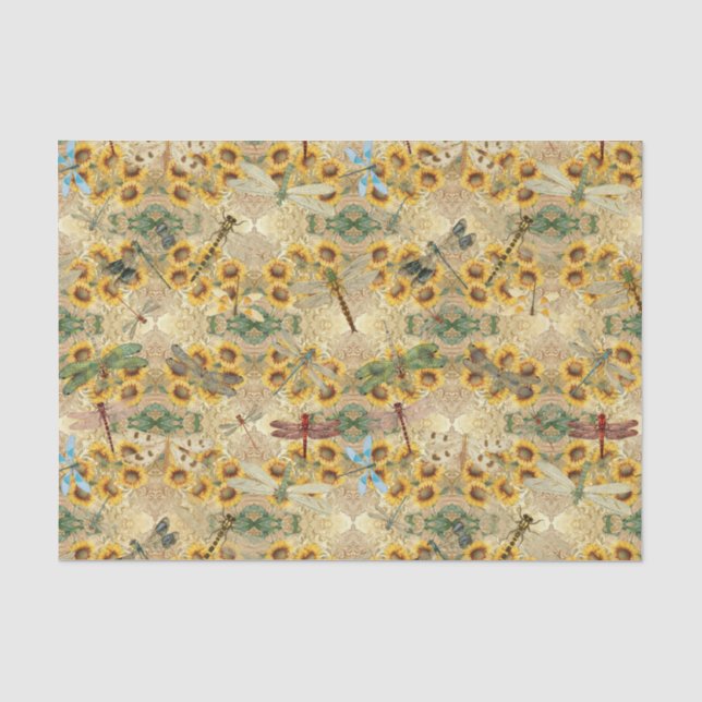  Retro-Gelbe Sonnenblume Multicfarbene Libellen Seidenpapier (Vorderseite)