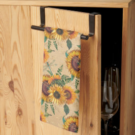 Retro Gelbe Sonnenblumen Bouquet Dragonflies Geschirrtuch