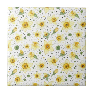 Retro gelbe weiße Narzissen und punktierte Blumen Fliese